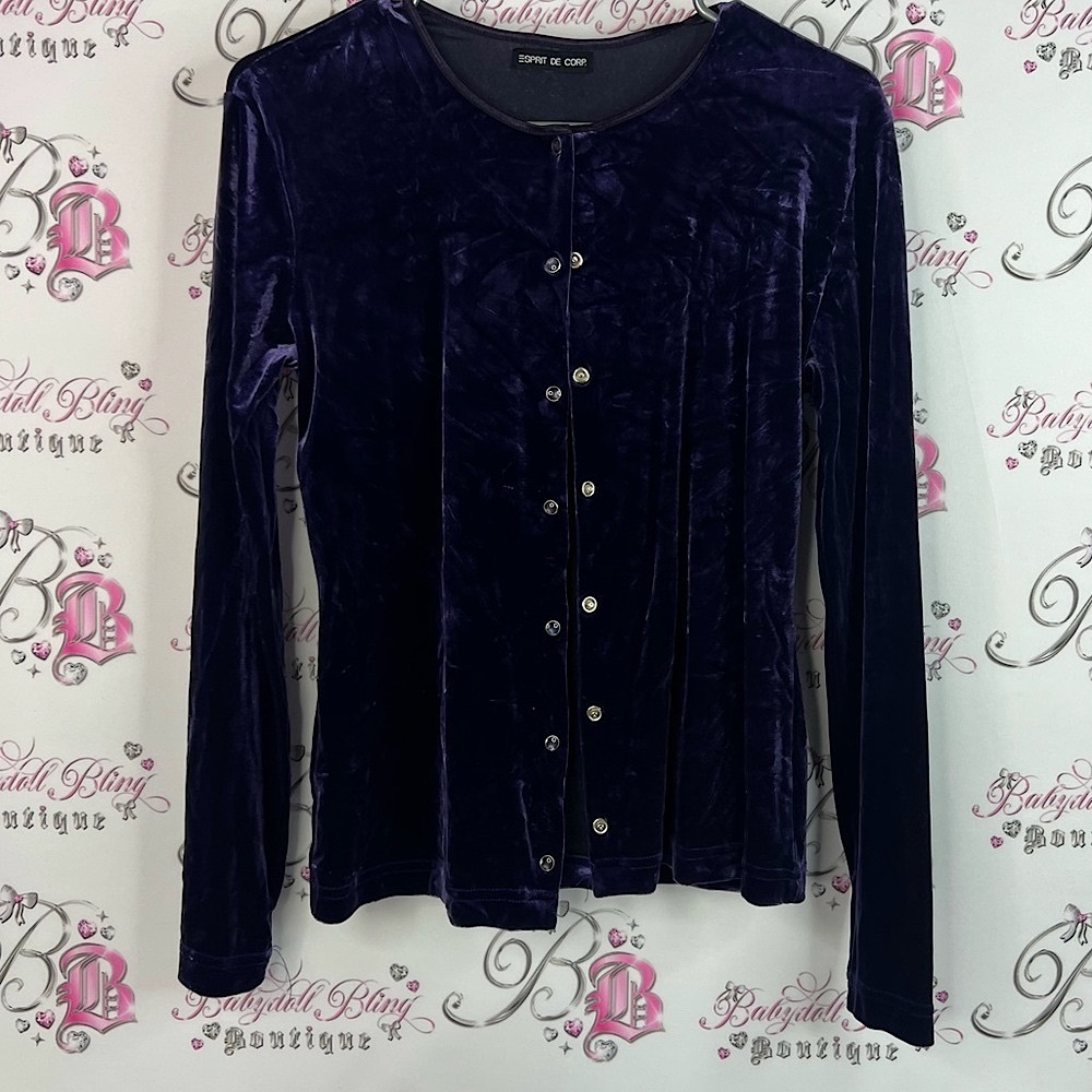 Esprit cardigan buttons velour soft shiny Dark Purple Velvet Button-Down Shirt